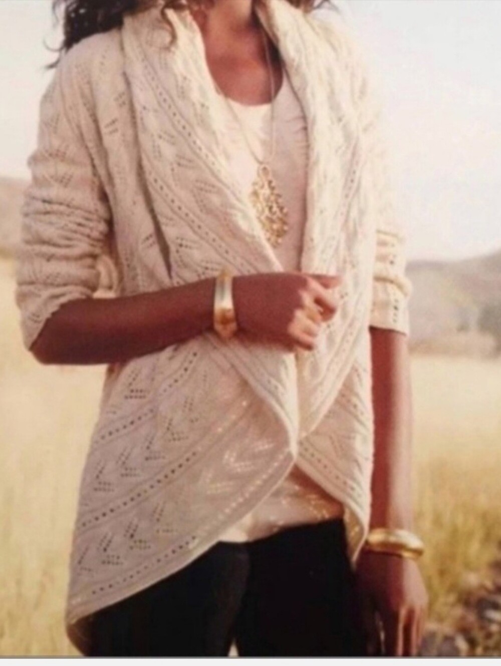 CAbi Cream Open-Front Cable Cardigan